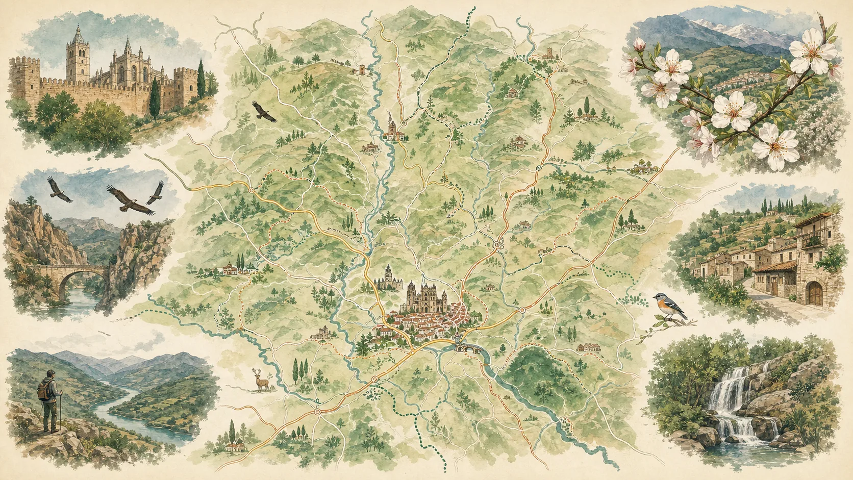 Mapa ilustrado de Plasencia, el Valle del Jerte y las rutas de naturaleza cercanas